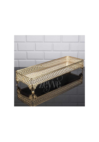 Aynalı Tepsi Dekoratif Sunum Tepsisi Uzun Metal Gold 40 X 14 Cm Lulu Model