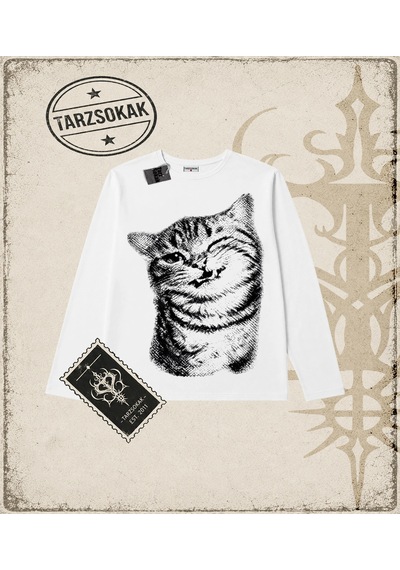 Tarzsokak Gotik & Grunge Streetwear Cat Gotik Y2k Long Sleeve Beyaz