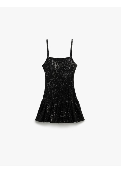Koton Pullu Payetli Kare Yaka Askılı Mini Elbise Siyah 5sak80078fk Siyah