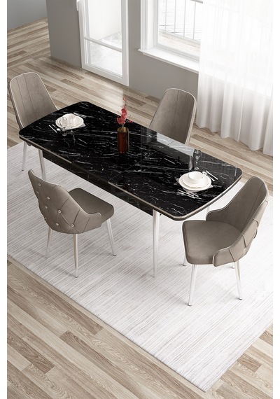 Canisa Tia Serisi 80x132 Mdf Açılabilir Siyah Mermer Desen Krom Detay Masa Takımı Ve 4 Cappucino Sandalye Masa Siyah Mermer Desen Sandalye Cappucino Canisa Tia Serisi 80x132 Mdf Açılabilir Siyah Mermer Desen Krom Detay Masa Takımı Ve 4 Cappucino Sandalye Masa Siyah Mermer Desen Sandalye Cappucino