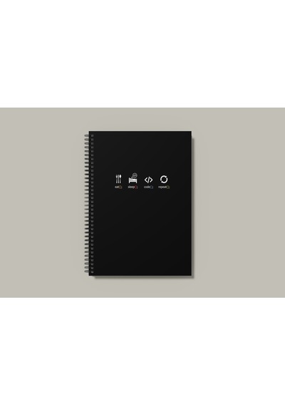 Notebook for Developers - Eat Sleep Code Repeat - Siyah - Kısmi Lak'lı Sert Mukavva Kapak - 100 Yaprak - Kareli - Spiralli Defter