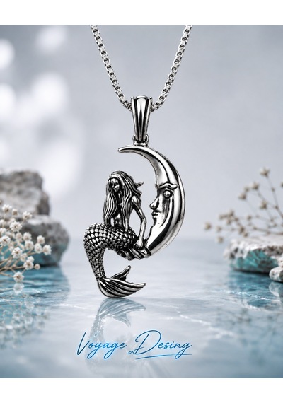 Paslanmaz Çelik Ay Ve Deniz Kızı Temalı Kolye /moon Mermaid Deniz Kızı Kolye
