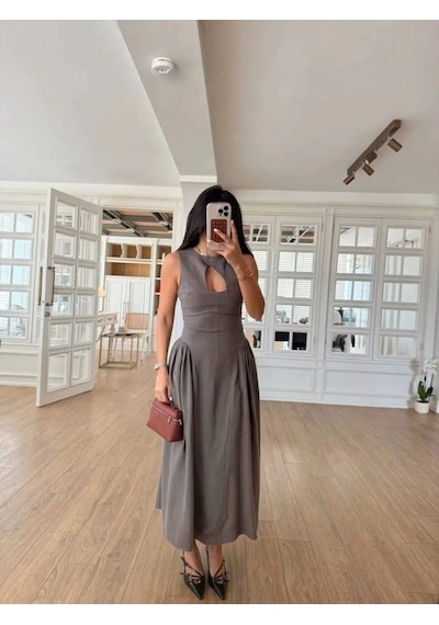 Defymoda Kolsuz Uzun Kabardin Elbise - Gri Gri