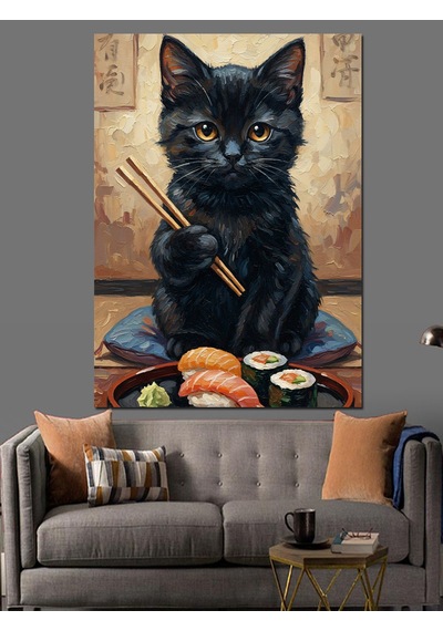 Çubukla Sushi Yiyen Kara Kedi Dekoratif Kanvas - Mdf Ahşap Tablo