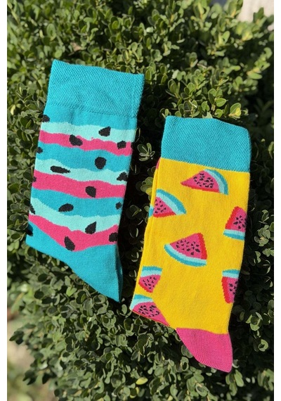Lousocks Unisex Sağlı Sollu Karpuz Desenli Sarı Turkuaz Soket Çorap