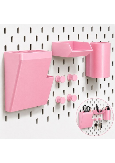 Pegboard Duvar Düzenleyici Organizer Seti Kalemlik, Çok Amaçlı Kutu, Mini Raf Ve Askılık Modüllü Modüler Duvar Organizasyon Sistemi 124-Pembe