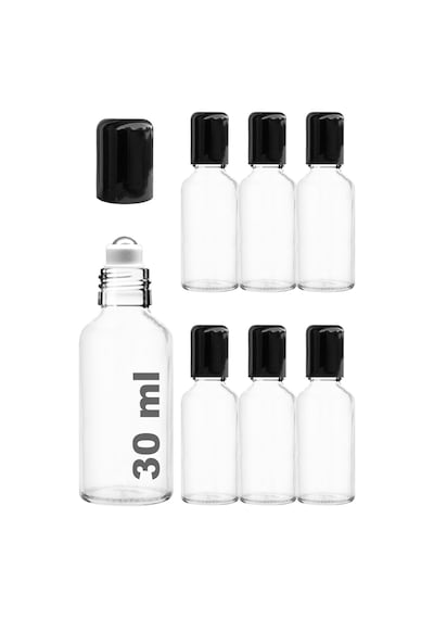 Çelik Roll On Şişesi 30 ML Sızdırmaz Siyah Kapaklı Şeffaf Cam Şişe 6 Adet
