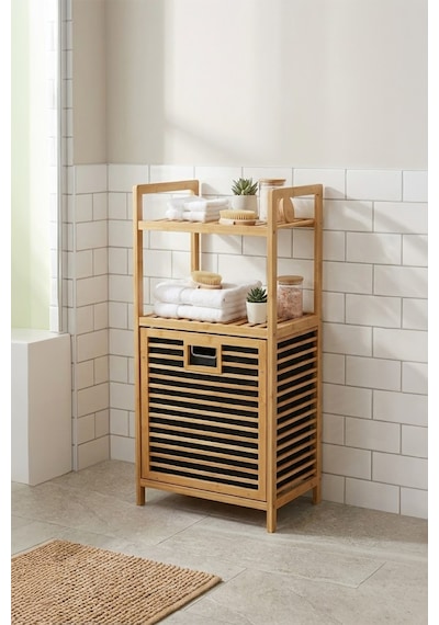 Mien Bambu Dikey Çamaşır Sepeti Raflı Çamaşır Sepeti 40x30x95 Cm Bambu