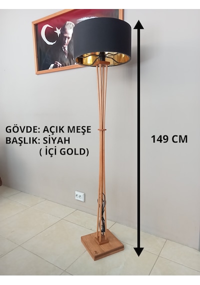 Siyah Gold Başlıklı Açık Meşe Ahşap Lambader Gold Siyah