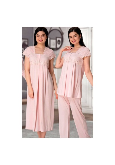 Effort Pijama Effortt 5015p Pudra Yakası Ve Kolları Dantelli Lohusa Hamile 4'lü Set Pudra Pembe