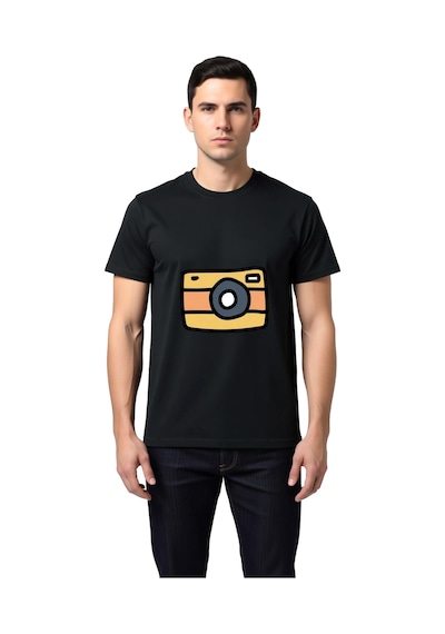 Paybuy Sarı Fotoğraf Makinesi Illüstrasyonu Baskılı Erkek Tişört Siyah