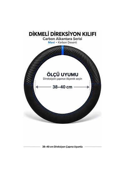 Trobus Hyundai İ20 2015-2020 Uyumlu Dikmeli Direksiyon Kılıfı Carbon Alkantara Karbon Desenli Mavi
