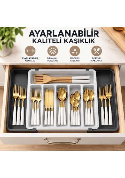 Ayarlanabilir Sürgülü Çekmece İçi Kaşıklık 32-54 Cm,büyük Boy Bölmeli Düzenleyici Sert Plastik Gri