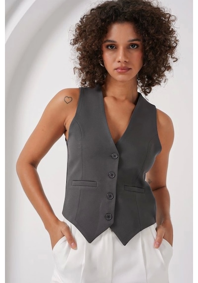 Defymoda 6796 Kısa Dokuma Yelek - Füme Füme