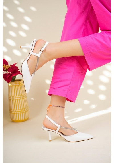 Birikon Taş Biyeli Arkası Açık Stiletto Beyaz-4706 Beyaz