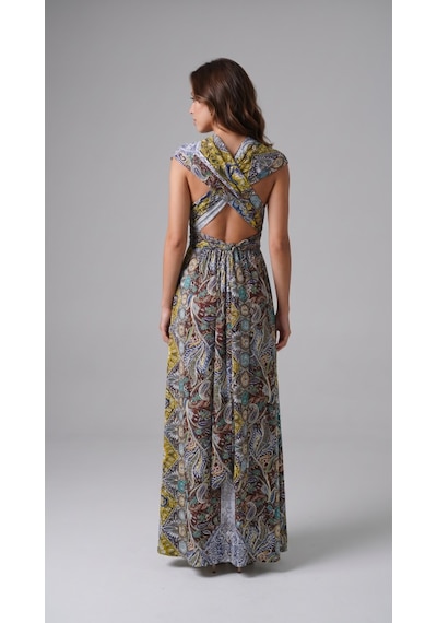 Alyn Wear Kadın Omuzlardan Açık Yakadan Çapraz Geçme Detaylı Yırtmaçlı Desenli Uzun Süprem Elbise Sarı Alyn Wear Kadın Omuzlardan Açık Yakadan Çapraz Geçme Detaylı Yırtmaçlı Desenli Uzun Süprem Elbise Sarı