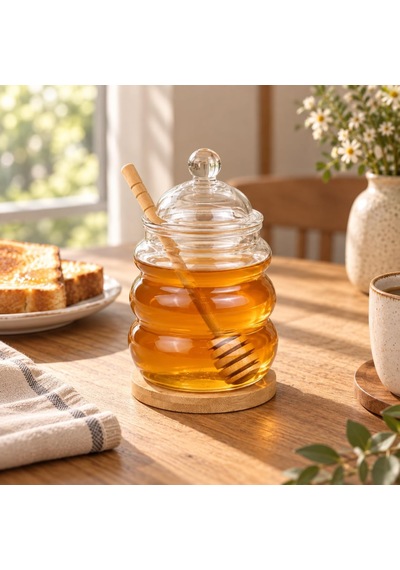 Kaşıklı Cam Bal Kavanozu 480 Ml, Cam Kapaklı, Bambu Bal Kaşığı Ve Bambu Altlık Dahil, Şeffaf Kahvaltılık Ballık Çok Renkli