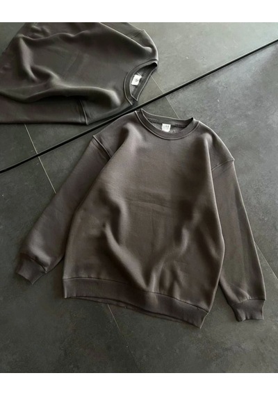 Mbb E-ticaret Kadın Bisiklet Yaka 3 İplik Pamuklu Basic Sweatshirt - Füme
