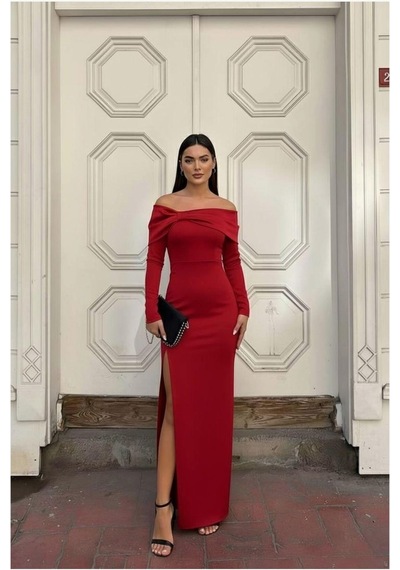 Lior Design Kadın Modern Esnek Saten Kumaş Carmen Yaka Yırtmaçlı Abiye Elbise Kırmızı
