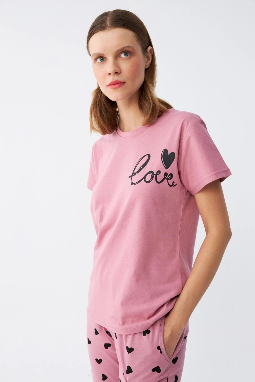Akbeniz Kadın Somon Kalp Desenli Kısa Kollu Penye Pijama Takımı Pembe