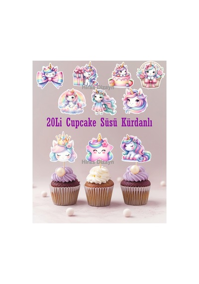 Hiras Dizayn Unicorn Cupcake Pasta ve Kurabiye Süsü 20 Adet