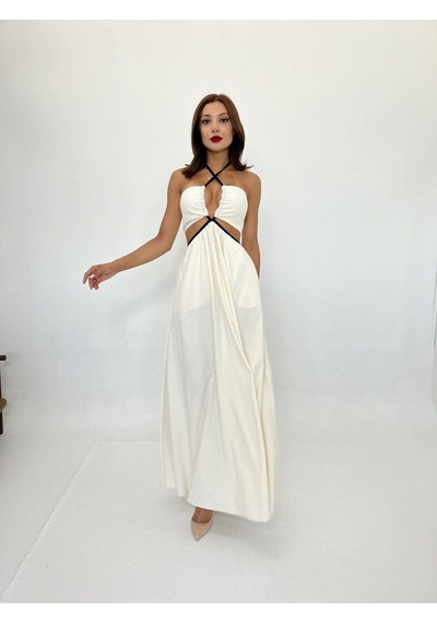 Fashion Cocktail Kontrast Şeritli Göğüsten Boyundan Bağlamalı Cepli Salaş Tasarım Uzun Maxi Keten Harman Elbise Bej Fashion Cocktail Kontrast Şeritli Göğüsten Boyundan Bağlamalı Cepli Salaş Tasarım Uzun Maxi Keten Harman Elbise Bej