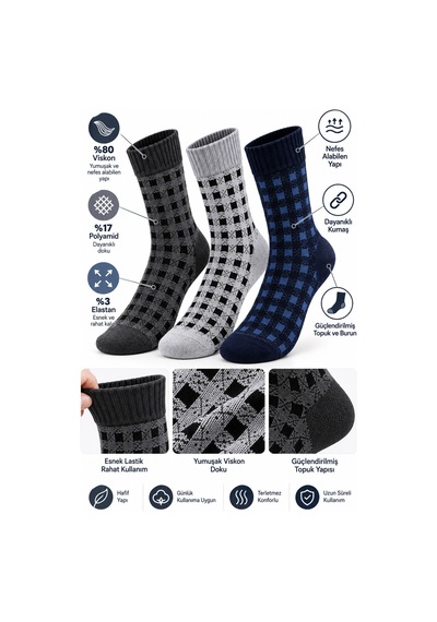Westicgiyim Erkek Viskon Desenli Çorap 3'lü Paket Yumuşak Esnek Günlük Çorap 40-44 Füme Gri Lacivert Çok Renkli Westicgiyim Erkek Viskon Desenli Çorap 3'lü Paket Yumuşak Esnek Günlük Çorap 40-44 Füme Gri Lacivert Çok Renkli