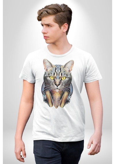 Kulaklık Kedi Unisex Unisex Beyaz Organik Baskılı T-shirt Penye Yüksek Kalite Beyaz