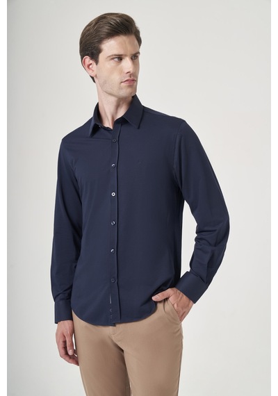 İmza Lacivert Tulum Yaka Uzun Kol Cepsiz Örme Slim Fit Pamuklu Gömlek 1004260208