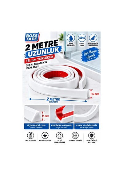 Kendinden Yapışkanlı Su Bariyeri Beyaz 2 Metre 15 Mm Esnek Duşakabin Su Tutucu Bant Su Bariyeri