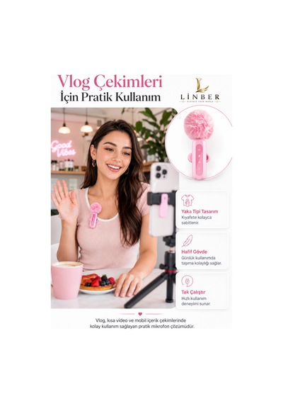 Pembe Kablosuz Yaka Mikrofonu 2.4g Type-c / Lightning Uyumlu Gürültü Azaltmalı Mini Vlog Canlı Yayın Röportaj Mikrofonu