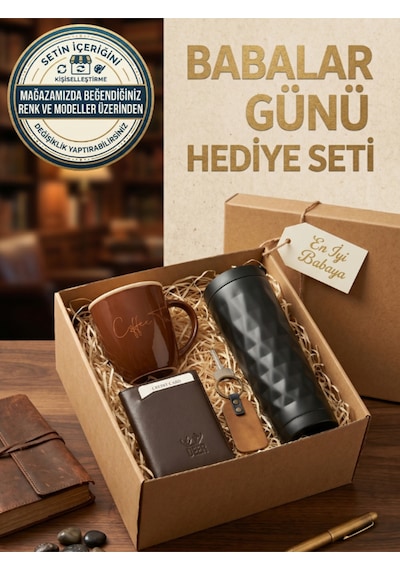 Deerderi Hakiki Deri El İşçiliği Mekanizmalı Cüzdan, Anahtarlık, Kupa, Termos Seti Babalar Günü Hediyesi Kahverengi