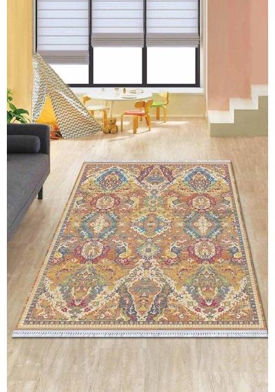 Çok Renkli Vintage Dokuma Pamuk Taban Kaymaz Kilim Klm211n11