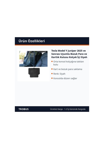 Trobus Tesla Model Y Juniper 2025 Ve Sonrası Uyumlu Bozuk Para Ve Kartlık Kutusu Kolçak İçi Siyah