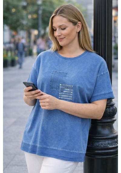 Cedy Denim Cedy - Kadın Özel Tasarım Esnek, Pul Payet, Dantel Detaylı Yıkamalı Büyük Beden Tişört Mavi Cedy Denim Cedy - Kadın Özel Tasarım Esnek, Pul Payet, Dantel Detaylı Yıkamalı Büyük Beden Tişört Mavi