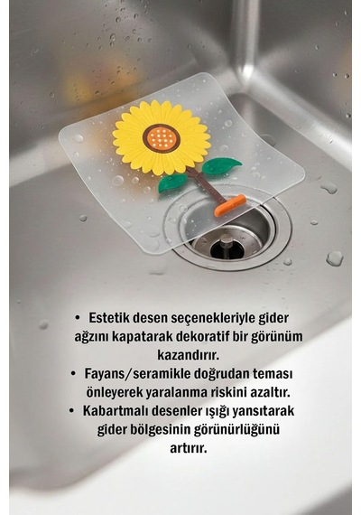 Ayçiçeği Kare Silikon Kötü Koku Önleyici Gider Kapağı Banyo, Mutfak, Balkon Lavabo Tıpası 14,5x14 Şeffaf Sarı