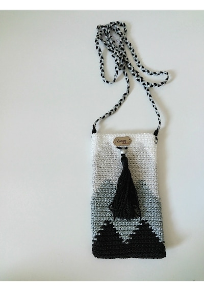 Kemzey Handmade Wayuu Telefon Çantası, El Yapımı Örgü Telefon Çantası Siyah - Beyaz