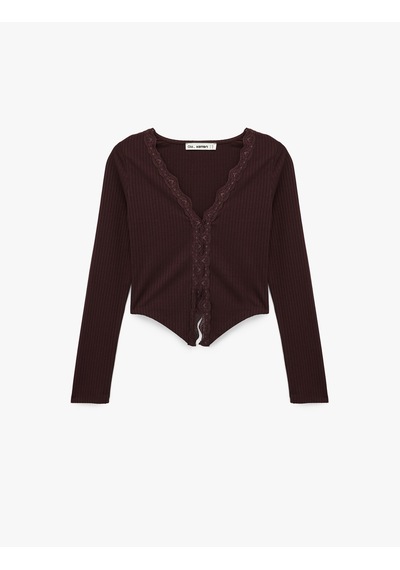 Koton Kaşkorse Dantel Detaylı V Yaka Uzun Kollu Düğmeli Asimetrik Crop Tişört Bordo 6wal10249ık Bordo Koton Kaşkorse Dantel Detaylı V Yaka Uzun Kollu Düğmeli Asimetrik Crop Tişört Bordo 6wal10249ık Bordo
