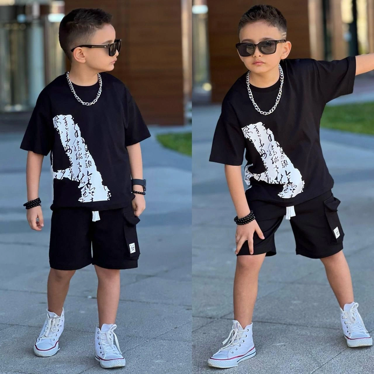 Cg Kids Kargo Cepli Şort Basic A Baskı Erkek Çocuk Alt Üst Takım Siyah
