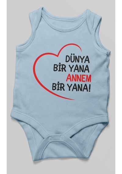 Morivokids Dünya Bir Yana Annem Bir Yana Sıfır Kollu Bebek Zıbını %100 Pamuk Bebe Mavisi