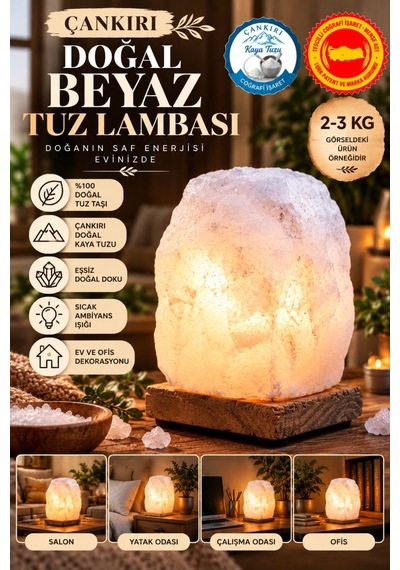 Çankırı 2-3 Kg Beyaz Doğal Kaya Tuzu Lambası Ahşap Kaideli Dekoratif Lamba Diğer