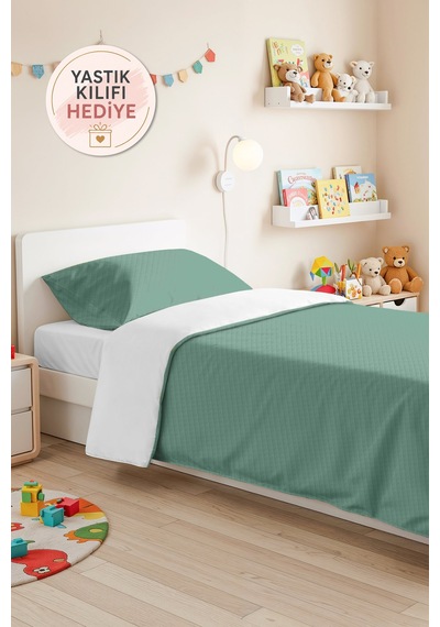 Mint Minimal Genç Odası Tek Kişilik Pike Takımı - Kapitone Düz Turkuaz 160x220 Cm Yatak Örtüsü Pamuksu Kabuğu Perdesi