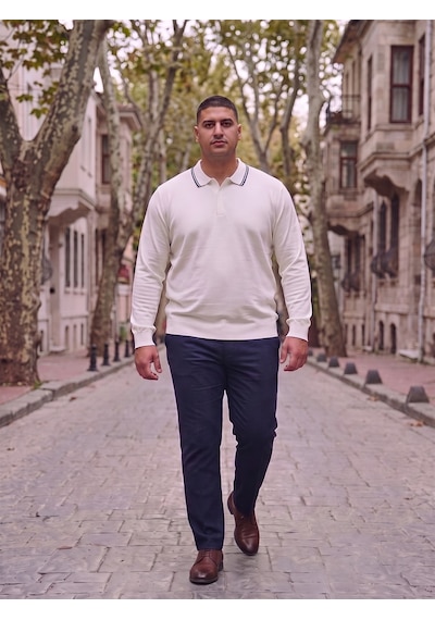 Maccali Erkek Beyaz Büyük Beden Gizli Fermuarlı Polo Yaka Triko Sweatshirt