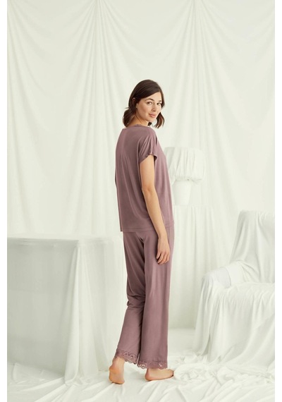 Monamise 18512 Kadın V Yaka Kısa Kollu Pijama Takımı-kahve Kahve