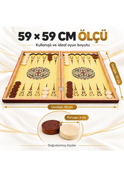 Büyük Boy Doğal Ahşap Tavla Ve Dama Seti Siyah At Desenli Katlanabilir Hediyelik & Dekoratif Set