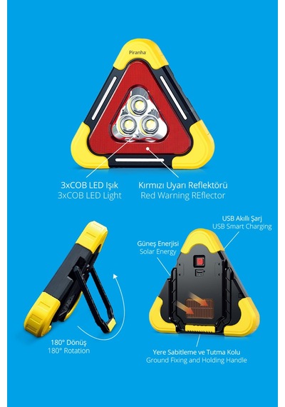 11320 Güneş Enerjili Reflektör / Tripod İkaz Üçgeni / Led / Sabitleme Ve Tutma Kolu / Usb Şarj