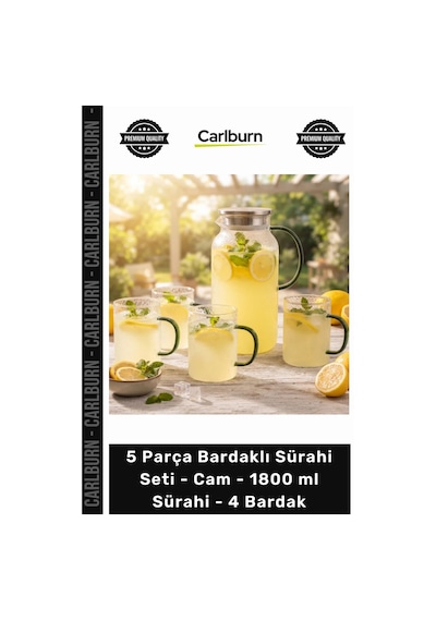 Özel Üretim Şık Yeşil Kulplu Lüks 5 Parça Bardaklı Sürahi Seti Cam 1800 Ml Sürahi 4 Bardak