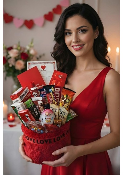 Solemia Deluxe Kırmızı Peluş Çikolata Sepeti Sevgililer Günü Hediyesi Aşkprin Sevgiliye Özel Hediye