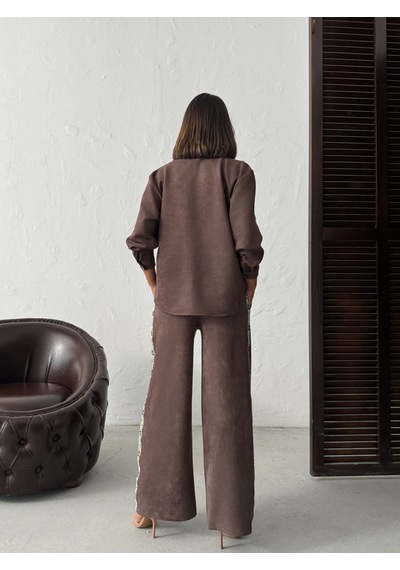 Verymoda Şerit Detaylı Scuba Süet Pantolon F1972 Kahve