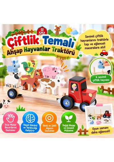 Çiftlik Temalı Ahşap Hayvanlar Traktörü